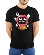 404 Future Not Found Halloween Ghost Graphic Tshirt - model wearing black tee with hands behind back