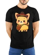 Cute Taco Dog Kawaii Food Lover Graphic Tshirt Fun Style - model wearing black tee with hands behind back