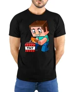 Block Game TNT Blast Cartoon Gamer Graphic Tshirt Fun - model wearing black tee with hands behind back