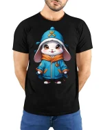 Cute Winter Bunny Hoodie Style Cartoon Graphic Tshirt - model wearing black tee with hands behind back