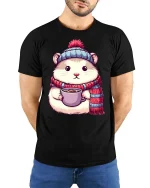 Cute Winter Hamster Coffee Lover Cartoon Graphic Tshirt - model wearing black tee with hands behind back