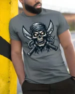 Pirate Skull Cross Swords Dark Graphic Tshirt Street - model wearing grey tee, leaning on column