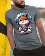 Cute Astronaut Dog Space Cartoon Graphic Tshirt Style - model wearing grey tee, leaning on column