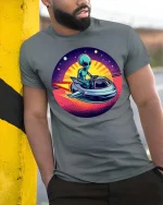 Retro Alien Spaceship Sunset SciFi Graphic Tshirt Style - model wearing grey tee, leaning on column