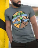 Camping Coffee Lake View Adventure Graphic Tshirt Style - model wearing grey tee, leaning on column