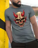 Demon Skull Red Horns Dark Gothic Graphic Tshirt Style - model wearing grey tee, leaning on column