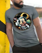 Cute Space Mouse Astronaut Cartoon Graphic Tshirt Style - model wearing grey tee, leaning on column