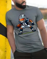 Football Player Action Cartoon Graphic Tshirt Game Day - model wearing grey tee, leaning on column