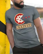 Funny Pizza Man Pacman Style Graphic Tshirt Retro Game - model wearing grey tee, leaning on column
