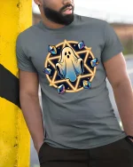 Cute Ghost Magic Circle Halloween Graphic Tshirt Style - model wearing grey tee, leaning on column