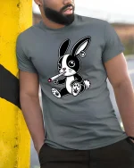 Cute Rebel Bunny Smoking Graphic Tshirt Street Style - model wearing grey tee, leaning on column
