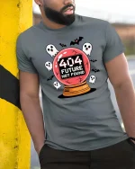 404 Future Not Found Halloween Ghost Graphic Tshirt - model wearing grey tee, leaning on column