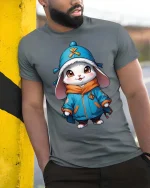 Cute Winter Bunny Hoodie Style Cartoon Graphic Tshirt - model wearing grey tee, leaning on column
