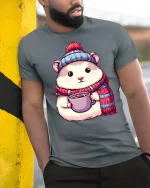 Cute Winter Hamster Coffee Lover Cartoon Graphic Tshirt - model wearing grey tee, leaning on column