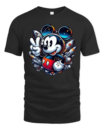 Cute Space Mouse Rocket Galaxy Cartoon Adventure Tshirt - black t-shirt on white background
