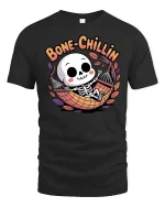 Bone Chillin Funny Skeleton Hammock Relax Cartoon Tshirt - black t-shirt on white background