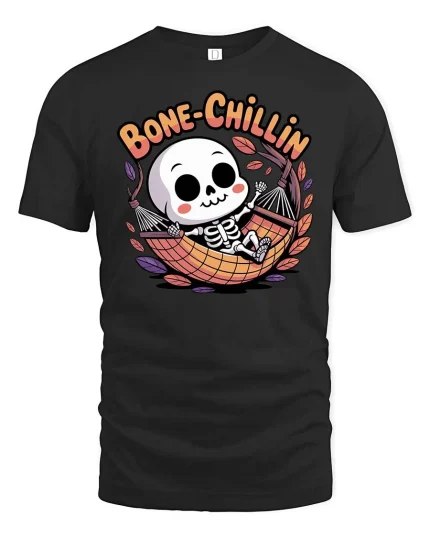 Bone Chillin Funny Skeleton Hammock Relax Cartoon Tshirt - black t-shirt on white background