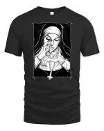 Dark Nun Smoking Gothic Art Black White Vintage Style Tshirt - black t-shirt on white background