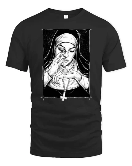 Dark Nun Smoking Gothic Art Black White Vintage Style Tshirt - black t-shirt on white background