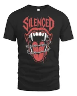 Silenced Mouth Barbed Wire Dark Horror Graphic Tshirt - black t-shirt on white background