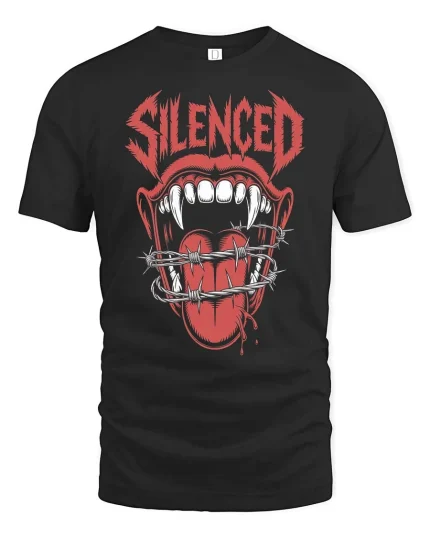Silenced Mouth Barbed Wire Dark Horror Graphic Tshirt - black t-shirt on white background