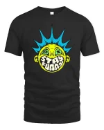 Stay Funny Punk Smile Face Retro Street Art Graphic Tshirt - black t-shirt on white background
