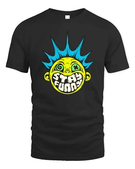 Stay Funny Punk Smile Face Retro Street Art Graphic Tshirt - black t-shirt on white background