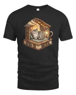 Cozy Cat Library Bookshelf Reading Nook Cute Tshirt - black t-shirt on white background