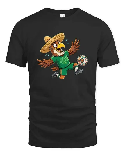 Funny Eagle Soccer Player Mexico Fan Cartoon Tshirt - black t-shirt on white background