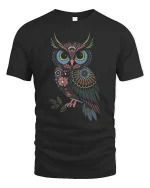 Colorful Floral Owl Folk Art Boho Nature Aesthetic Tshirt - black t-shirt on white background