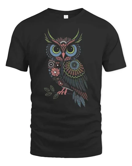 Colorful Floral Owl Folk Art Boho Nature Aesthetic Tshirt - black t-shirt on white background