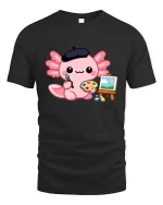 Cute Axolotl Artist Painting Kawaii Cartoon Creative Tshirt - black t-shirt on white background
