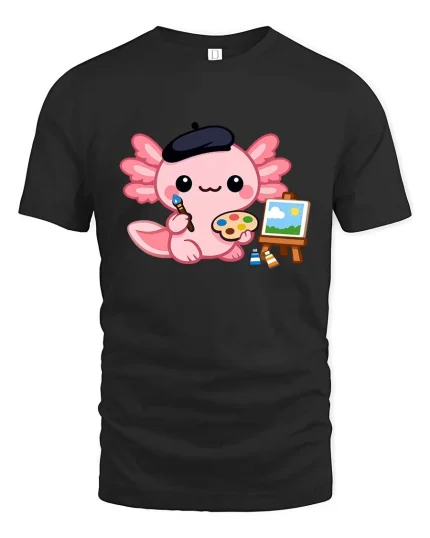 Cute Axolotl Artist Painting Kawaii Cartoon Creative Tshirt - black t-shirt on white background