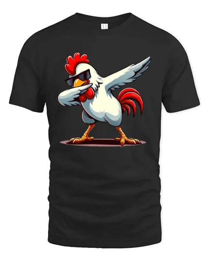 Funny Dabbing Chicken Cool Sunglasses Dance Cartoon Tshirt - black t-shirt on white background