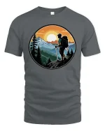 Mountain Hiking Adventure Sunset Nature Explorer Graphic Tshirt - gray t-shirt on white background