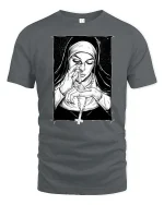 Dark Nun Smoking Gothic Art Black White Vintage Style Tshirt - gray t-shirt on white background