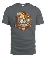 Cozy Cat Library Bookshelf Reading Nook Cute Tshirt - gray t-shirt on white background