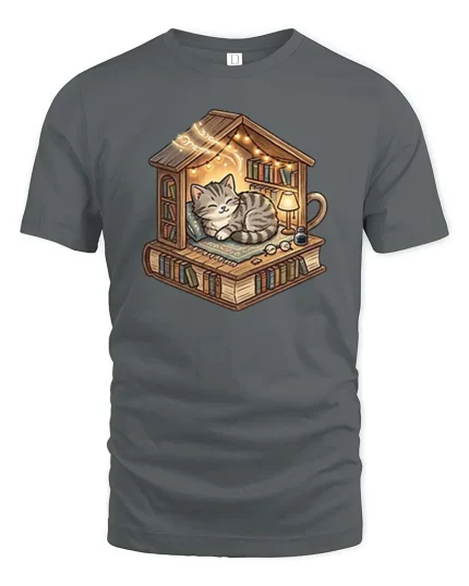 Cozy Cat Library Bookshelf Reading Nook Cute Tshirt - gray t-shirt on white background