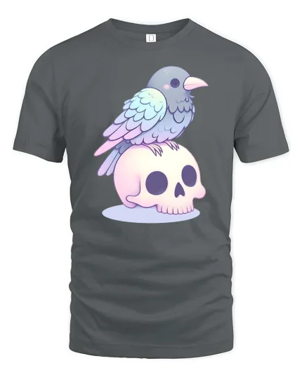 Cute Raven Skull Pastel Gothic Aesthetic Kawaii Tshirt - gray t-shirt on white background