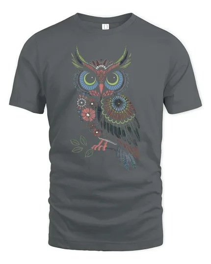 Colorful Floral Owl Folk Art Boho Nature Aesthetic Tshirt - gray t-shirt on white background