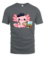 Cute Axolotl Artist Painting Kawaii Cartoon Creative Tshirt - gray t-shirt on white background