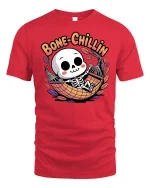 Bone Chillin Funny Skeleton Hammock Relax Cartoon Tshirt - red t-shirt on white background