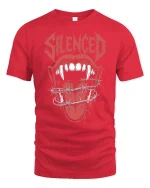 Silenced Mouth Barbed Wire Dark Horror Graphic Tshirt - red t-shirt on white background