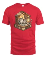 Cozy Cat Library Bookshelf Reading Nook Cute Tshirt - red t-shirt on white background