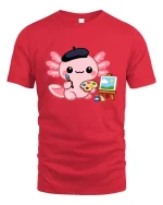 Cute Axolotl Artist Painting Kawaii Cartoon Creative Tshirt - red t-shirt on white background