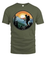 Mountain Hiking Adventure Sunset Nature Explorer Graphic Tshirt - military green t-shirt on white background