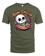 Bone Chillin Funny Skeleton Hammock Relax Cartoon Tshirt - military green t-shirt on white background