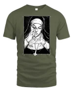 Dark Nun Smoking Gothic Art Black White Vintage Style Tshirt - military green t-shirt on white background