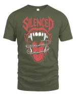 Silenced Mouth Barbed Wire Dark Horror Graphic Tshirt - military green t-shirt on white background