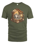 Cozy Cat Library Bookshelf Reading Nook Cute Tshirt - military green t-shirt on white background